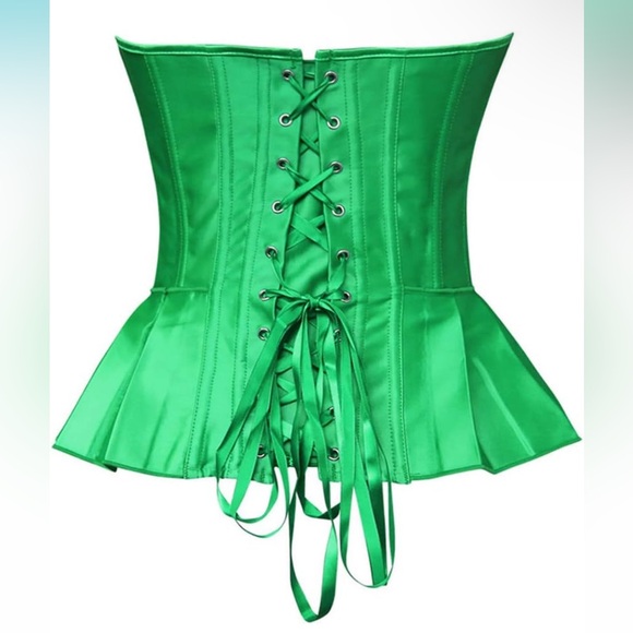 Bright Green Satin Peplum Style Bow Accented Strapless Lace Up Corset Top XL - Picture 10 of 11